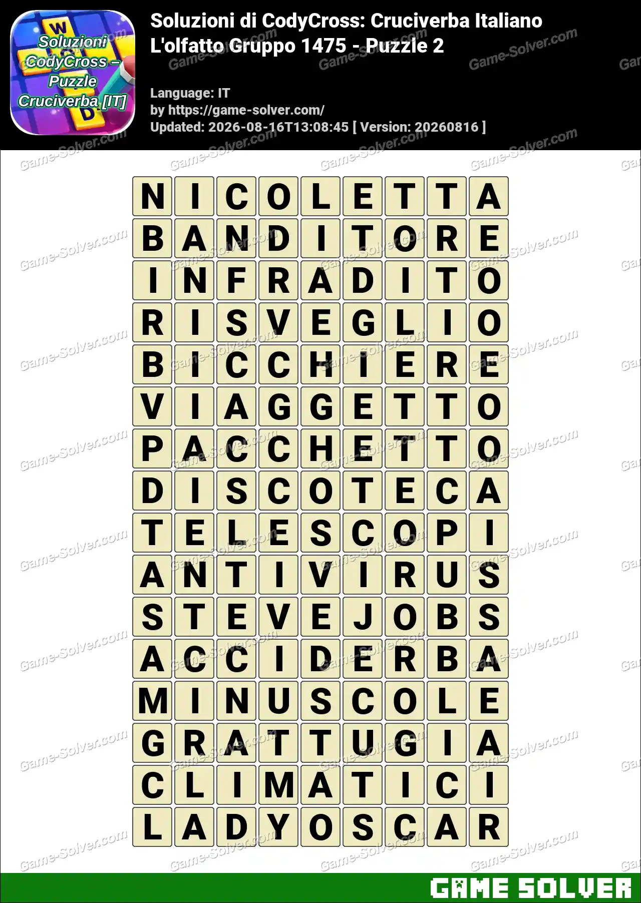 Soluzioni di CodyCross: Cruciverba Italiano L’olfatto Gruppo 1475 – Puzzle 2
